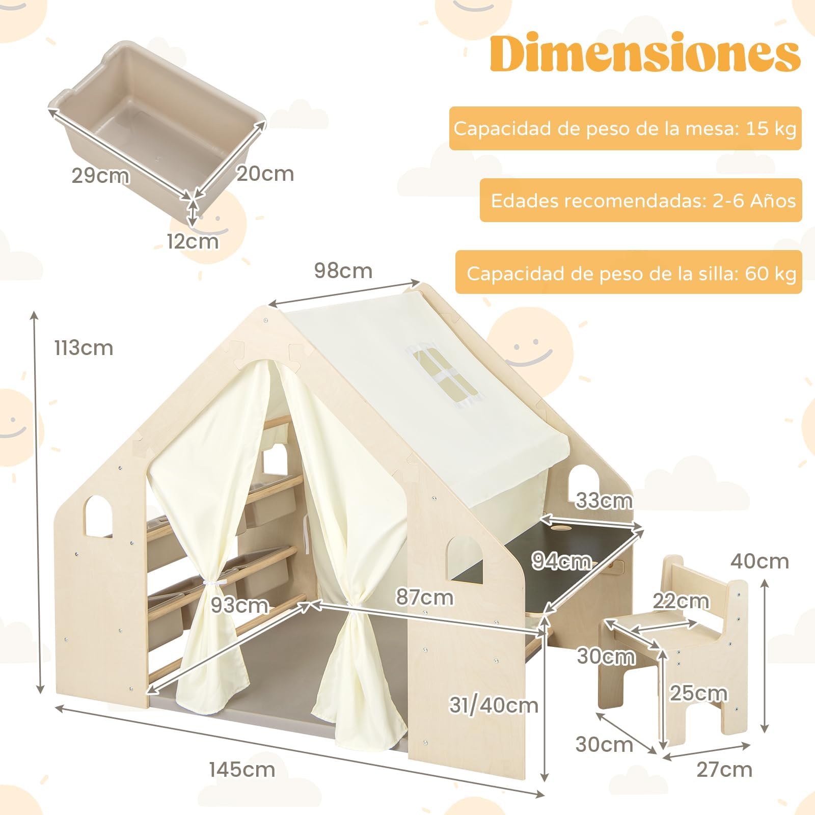RELAX4LIFE 6 en 1 Tienda de Campaña Infantil con Estructura Madera, Mesa de Doble Cara, Silla, Pizarra, Alfombra y 6 Cajas, Parque Infantil Bebe con 2 Puertas y Ventana, Casita Infantil