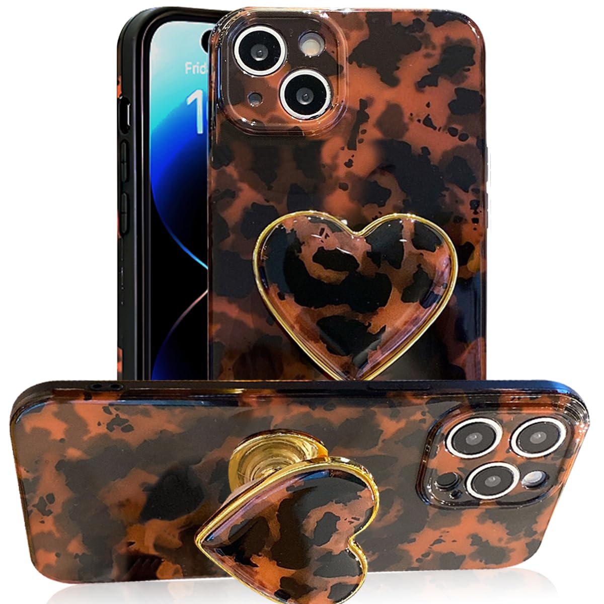 Espumoso Compatible with Cute iPhone 15 Case 6.1'', Tortoise Shell Phone Case with Brown Amber Print Leopard Heart Holder Stand Kickstand Shockproof