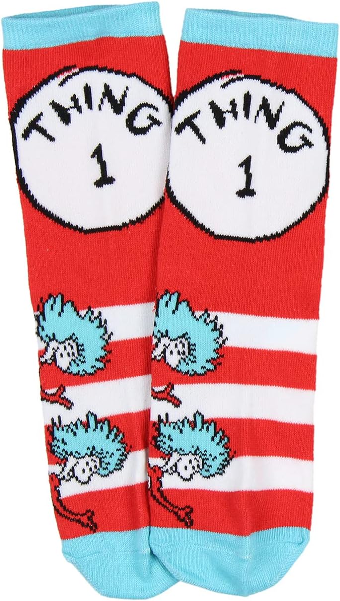 Bioworld Dr. Seuss Socks Kids Cat In The Hat THING ONE THING TWO Pack Crew Socks For Boys or Girls