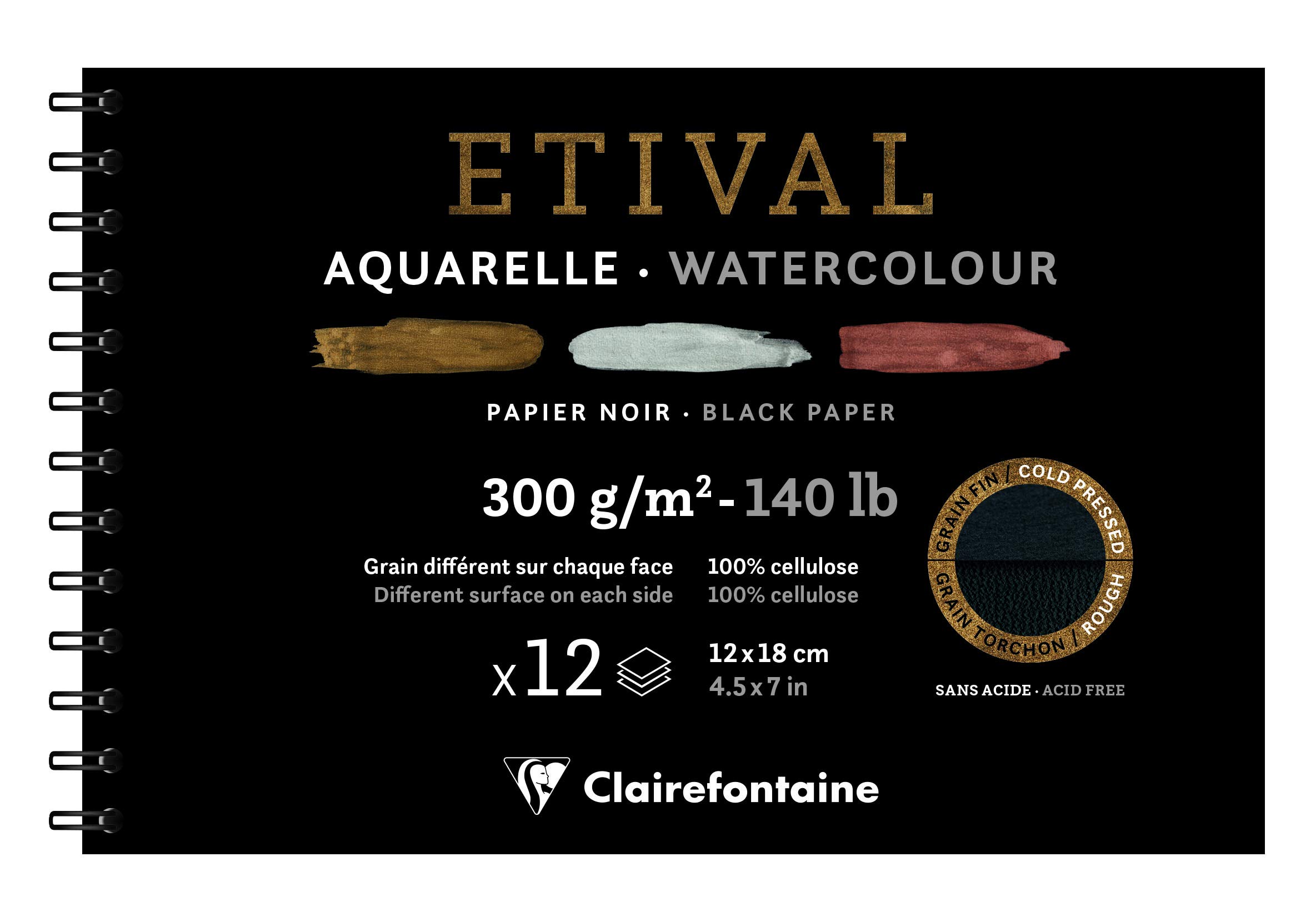Clairefontaine Black - Ref 975325C - Etival Cold Pressed Watercolour Painting & Drawing Wirebound Pad (12 Sheets Of Paper) - 12 X 18Cm - 300Gsm Cellulose Art Paper