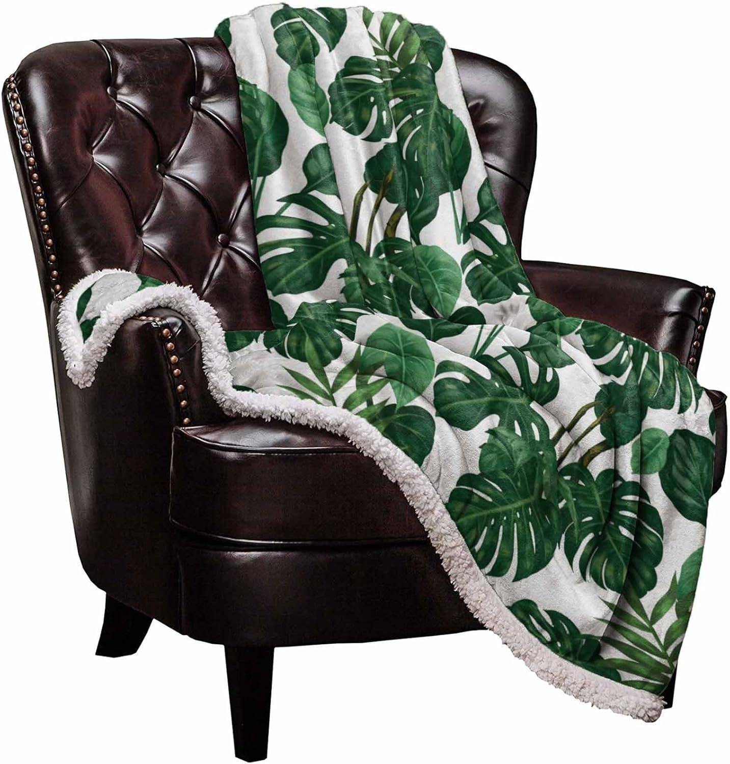 Sherpa Fleece Blanket Thick Tropical Leaves Monstera Bed Blanket Soft Cozy Luxury Blanket 40"x50" - Fuzzy Thick Reversible Super Warm Fluffy Plush Microfiber Throw Blanket for Couch