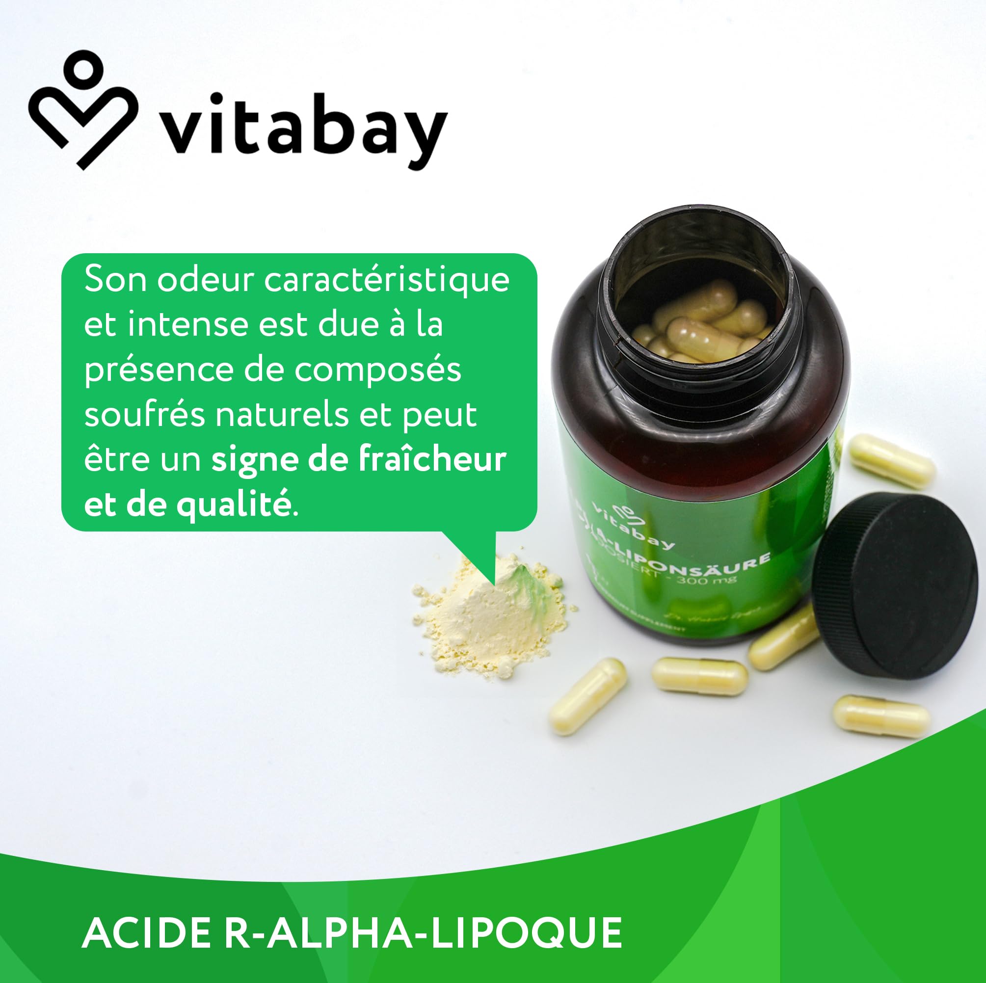 Vitabay Acide R-Alpha-Lipoïque 300 mg – 120 gélules véganes – Acide Alpha-Lipoïque hautement dosé – forme R naturelle sans S-ALA – testée en laboratoire en Allemagne – réserve 4 mois