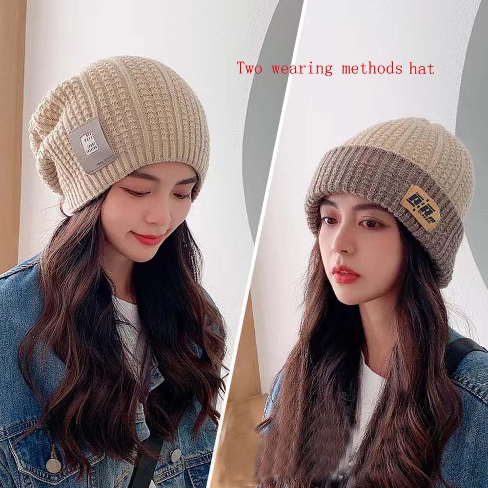 Women beanie hats Knit hat wig with19.6Inch Long Wavy Curly Hair Extensions Winter Warm Knit Hat Wig（Two wearing methods）