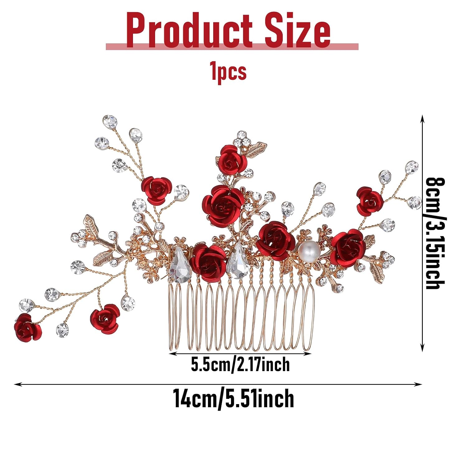 Red Flower Hair Comb, Gold Rose Crystal Bridal Hair Side Comb Vintage Floral Rhinestone Rose Side Comb Crystal Emerald Headpiece Wedding Sparkly Hair Accessory for Women