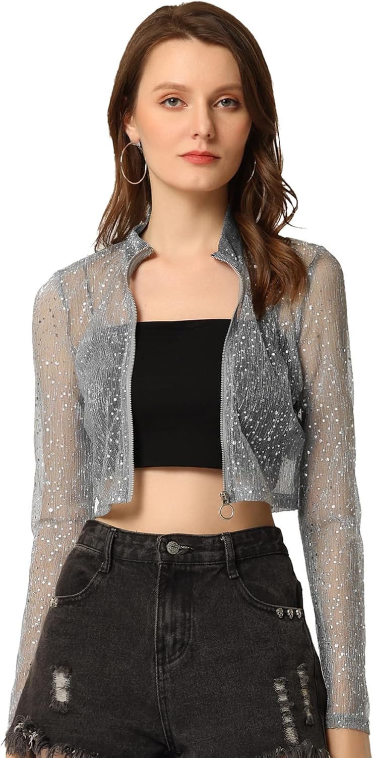 Allegra K Women's Crop Bomber Jacket Sheer Tops Mesh Sparkly Glitter Rave Outfit Halloween Clubwear Night Out Top