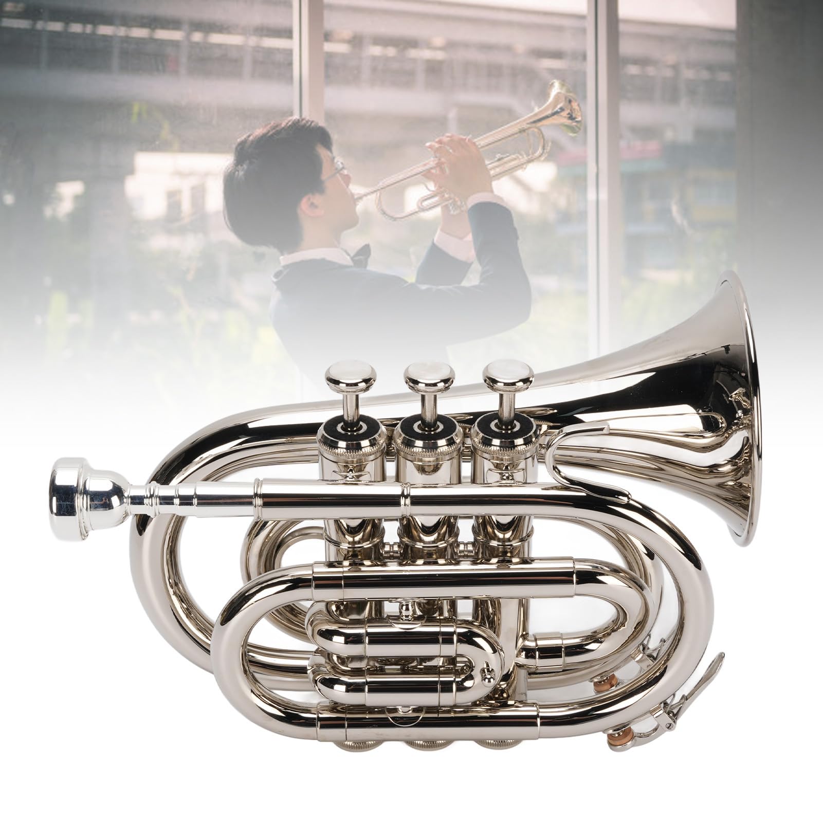 Bb-Trompete, N plattierte Basstrompete Ergonomische tragbare Bb-Taschentrompete für Anfänger, Studenten, Reisende und Profis, doppeltes Entwässerungsventil