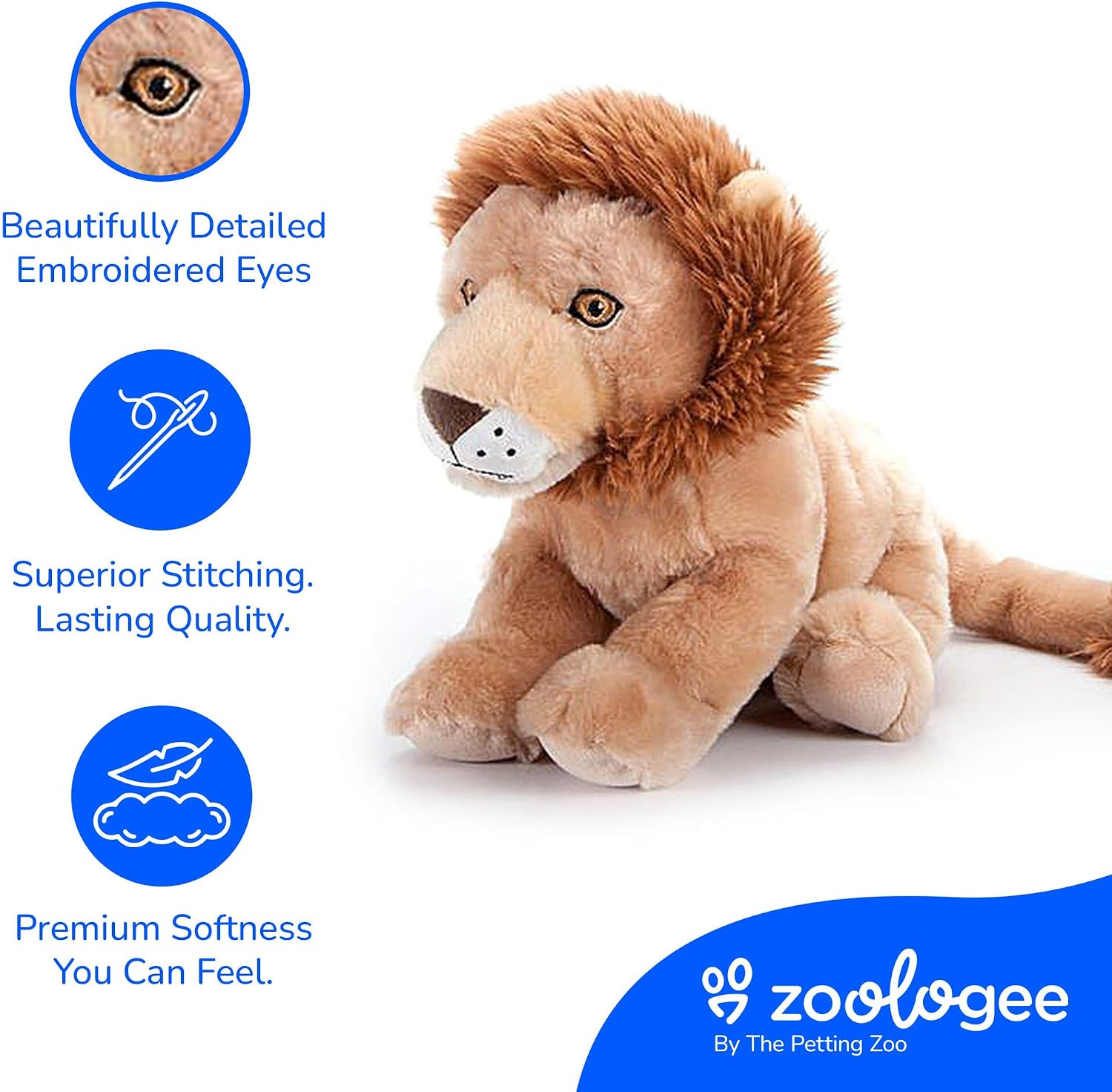 The Petting Zoo Lion Stuffed Animal Plushie, Gifts for Kids, Earth Keeperz Wildlife Animals, Zoologee Brown Lion Plush Toy, 12 inches