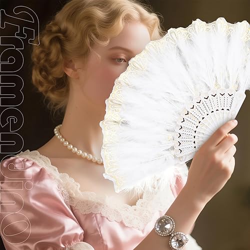 Miniatura 3 de Framendino, Paquete de 2 abanicos de plumas bordadas de flores Marabou con borla colgante de los años 20 plegable de arrastre a mano para mujeres de