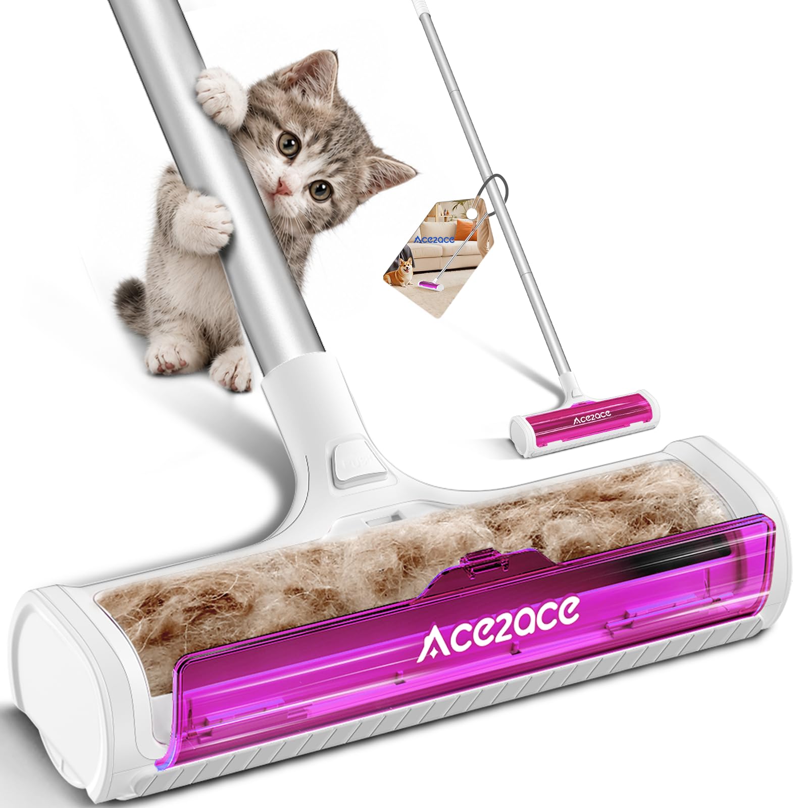 ACE2ACE Spazzola Peli Animali da Tappeti - Autopulente a Raccolta Autonoma | A3 PRO Spazzatrice per Tappeti con Manico Lungo 1.5m per Rimuovere Peli di Cane e Gatto da Moquette e Stuoie, Fucsia