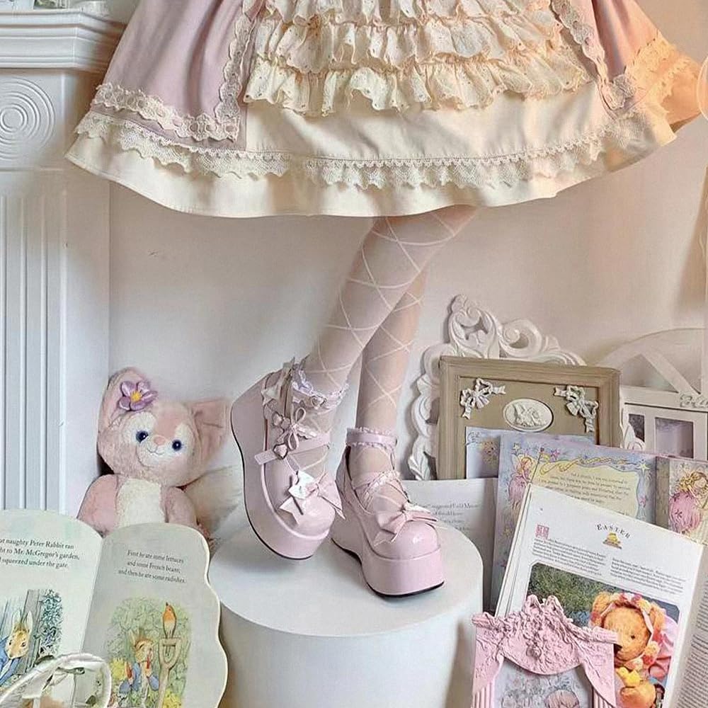 Zapatos De Cuero Estilo Lolita Mary Jane para Mujer Estilo Gótico Punta Redonda Tacón De Plataforma Grueso Lazo De Encaje Estilo Punk Rock Estilo Kawaii con Vestido De Princesa Burbuja JK