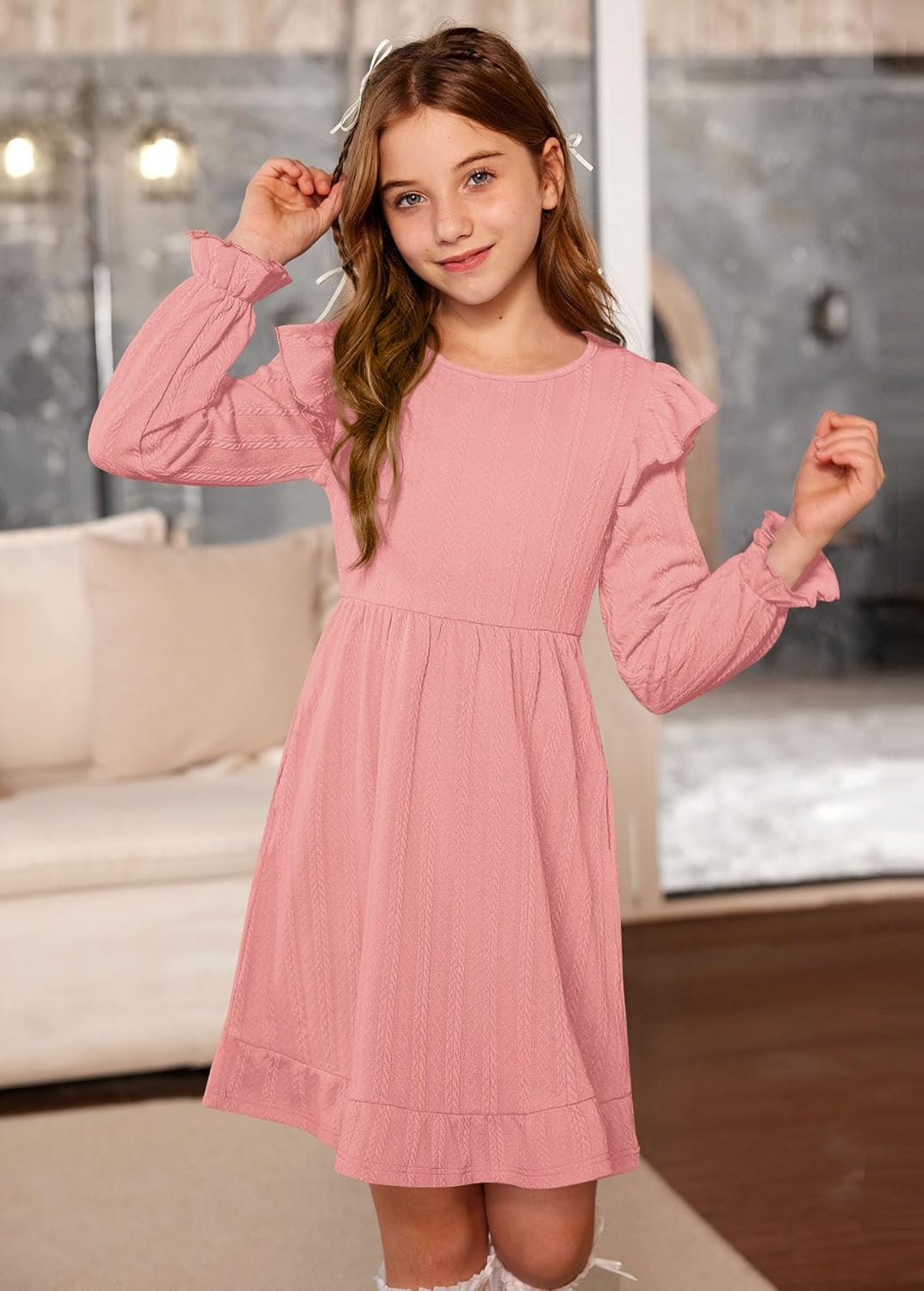 Girls Ruffle Hem Long Sleeve Dress Elastic Cuffs Knit Casual Fall Dresses with Pockets 6-14 Years - Image 2