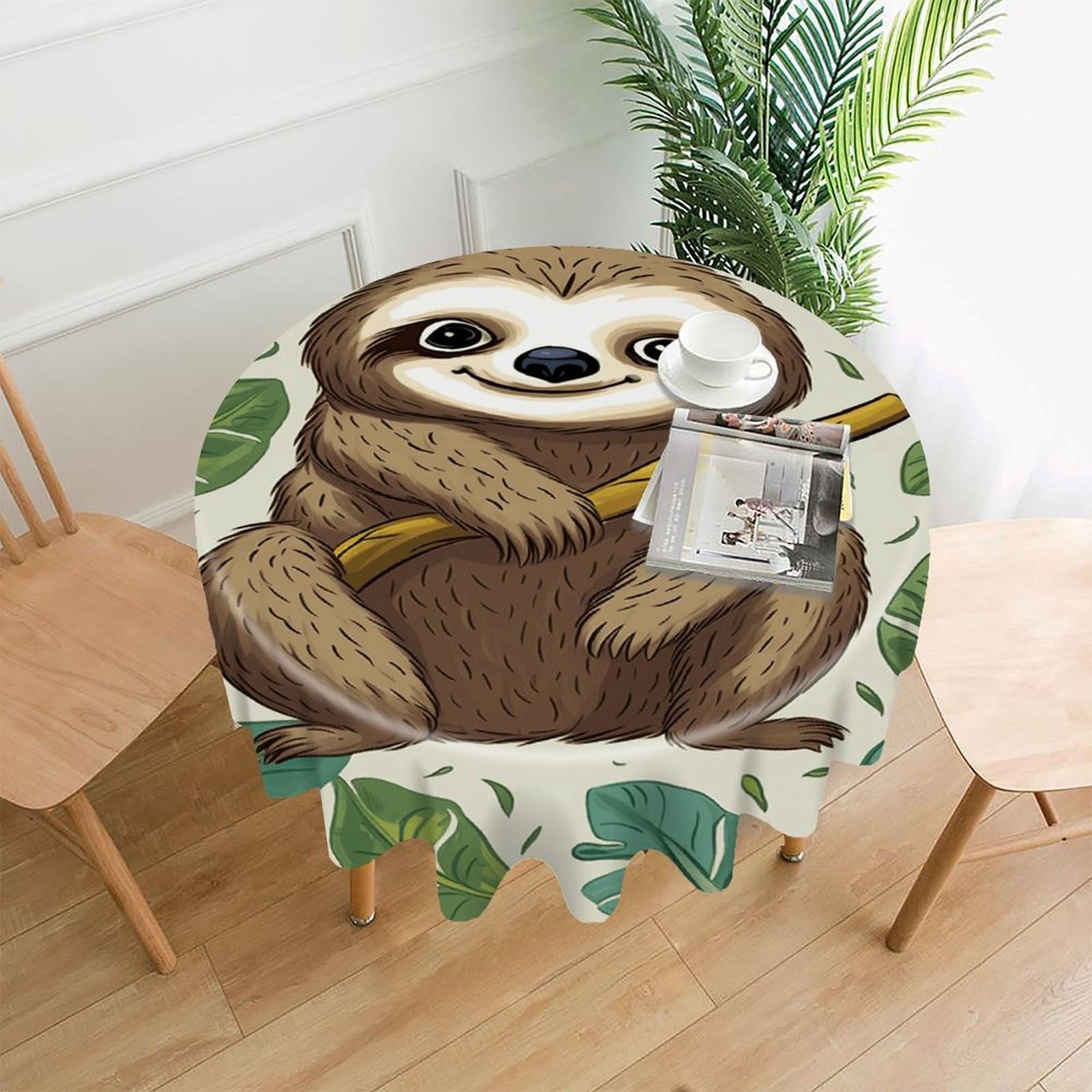 FekiLoot Adorable Sloth Round Tablecloth Cover 60 Inch Wrinkle Free Washable Polyester Fabric Table Cover Decorative Round Table Cloth for Home Dining Kitchen Party Farmhouse