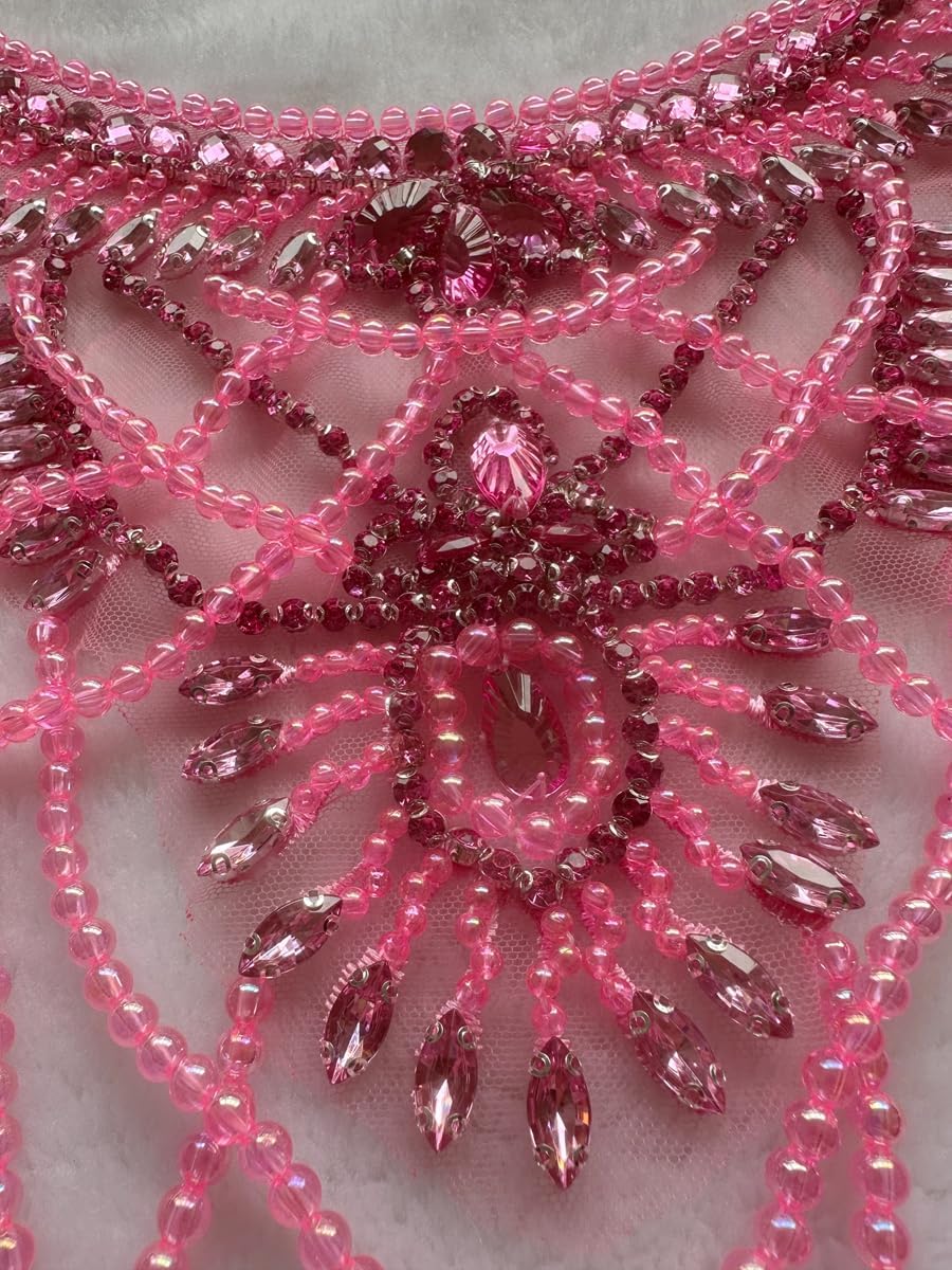 Beaded Rhinestones Applique Embellishment for Clothes Chest Patches Sew-on Diamond Sequin Tassel Decoration Applique for Wedding Dress DIY Accessories (Pink)