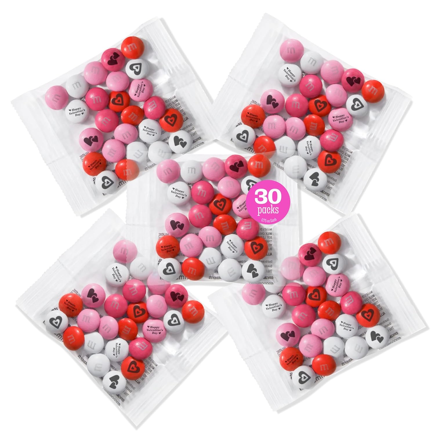 M&M’s Valentines Day Milk Chocolate Candy 30 Pack, Individually Wrapped Bulk Kosher Treats, Party Favors for Classroom, Office, Gift Bags, Sharing, Valentine’s Chocolates for Kids & Adults