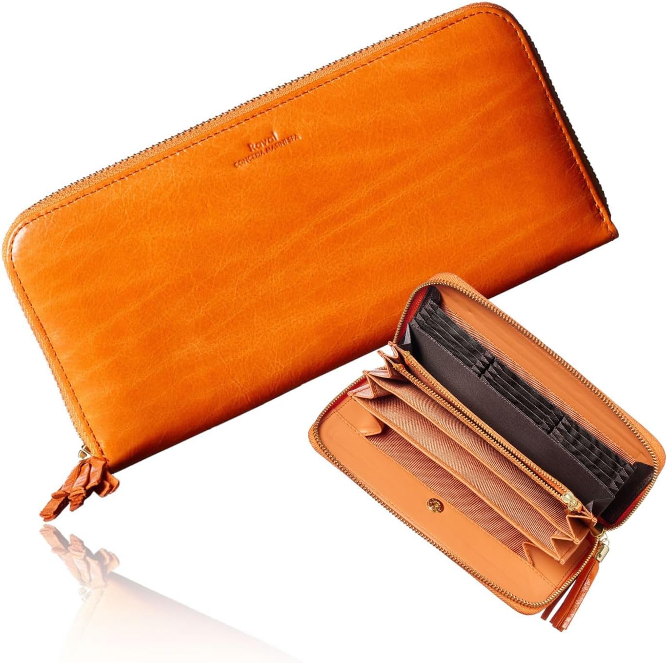 VOICE Align type Long wallet Leather made by MASINI in Italy Cowhide ART.Pitti Women's Elegant and easy to use Vertical card case In gift box (Papaya-Orange)