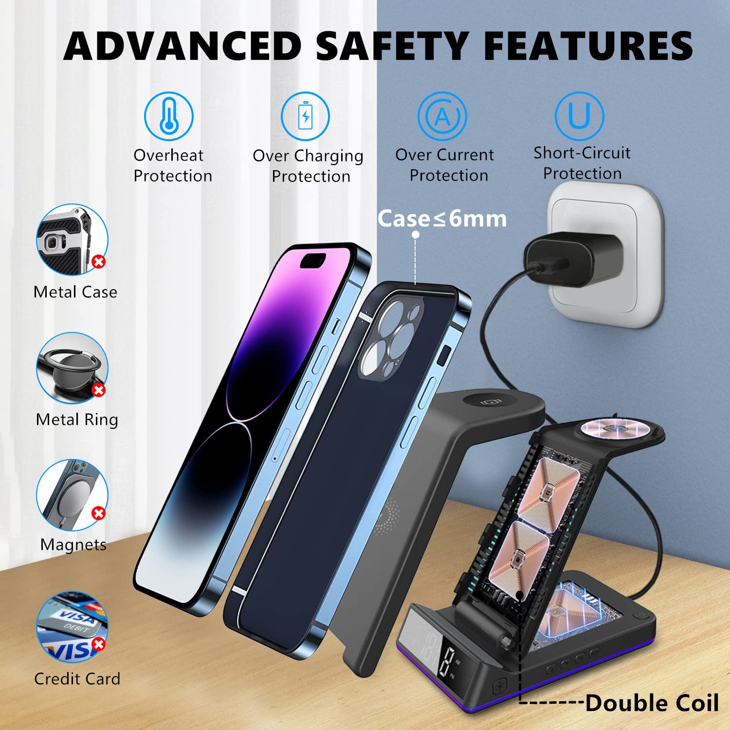 Chargeur sans Fil avec 30W PD Adaptateur, 3 en 1 Pliable Chargeur Induction avec Horloge Compatible avec l'iPhone 17/16/15 Serie, Station de Charge pour iwatch 8/7/6/5/4/3/2 et Air Pods Pro/3/2(Noir)