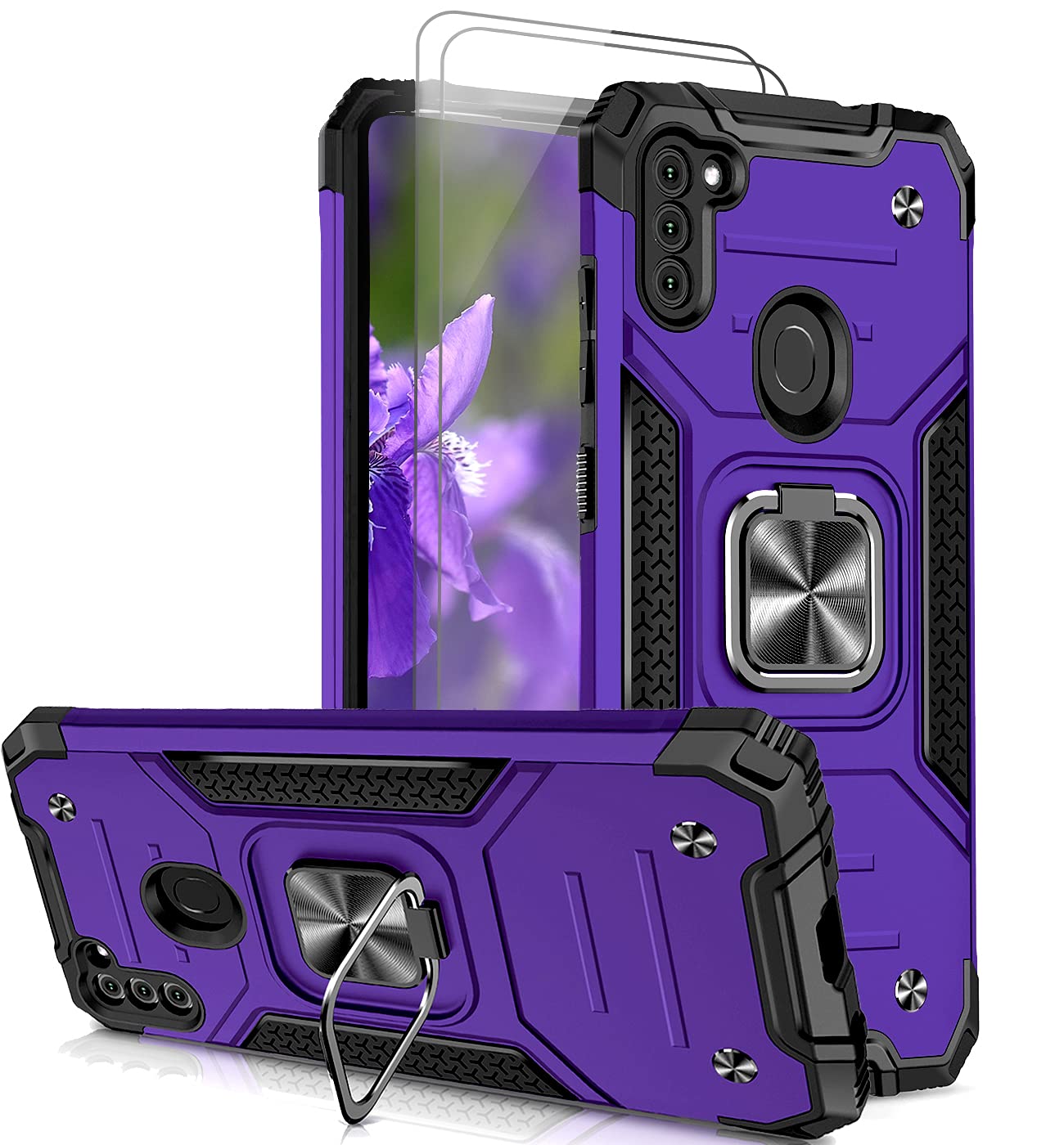 Bonkier Galaxy A11 Case with 9H Tempered Glass Screen Protector[2 Pack], [Military-Grade] Shockproof Samsung Galaxy A11 Phone Case with Ring Holder Kickstand (Purple)