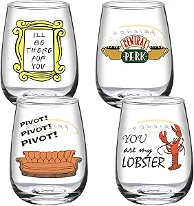 PSZEZNZ Friends tv Show Merchandise-Friends TV Show Wine Gifts for Women-Set of 4 Funny Wine Glasses 17oz-Stemless Glasses Housewarming Gift