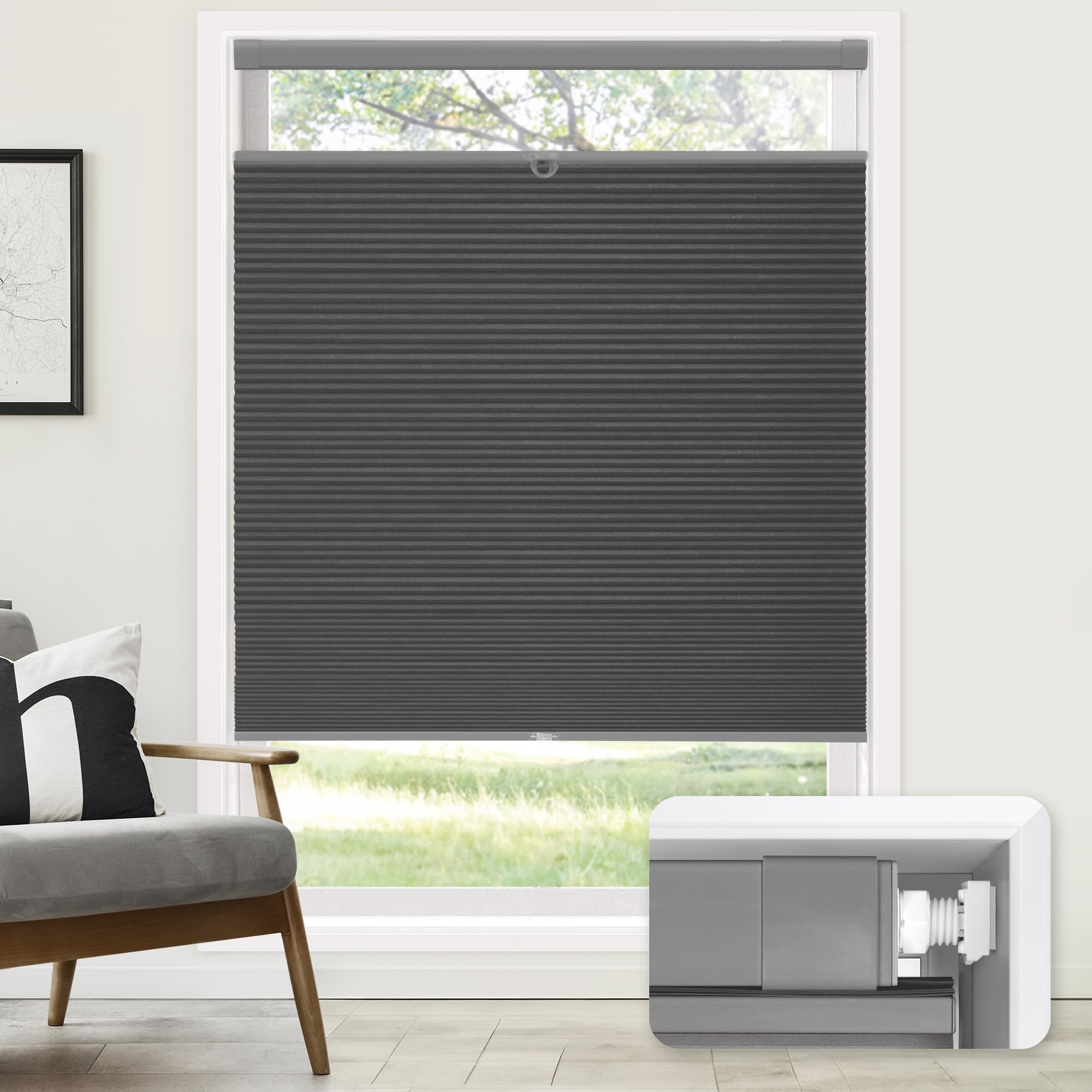 LazBlinds No Drill Cordless Cellular Shades, 25" W x 64" H, Black