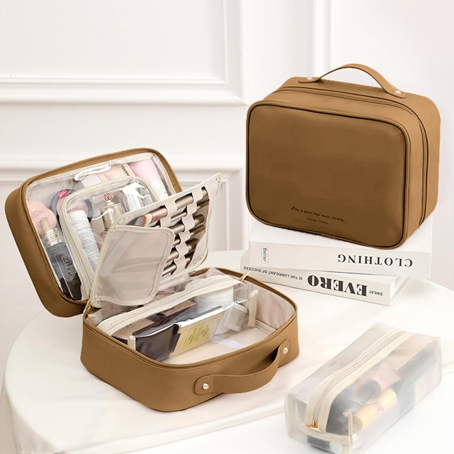 Travel Makeup Bag Large Capacity Cosmetic Organizer Waterproof Leather Toiletry Bag with Brush Holder and Handle Portable Cosmetic Storage Bag for Women Girls Gift - Brown - Image 5