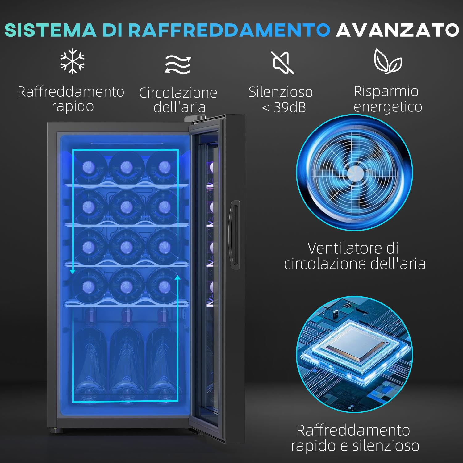 Cantinetta Vino Frigo per 15 Bottiglie Capacità 44L con Controllo Temperatura e Ripiani Regolabili Nero