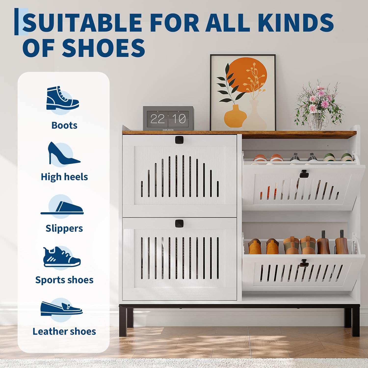 4-Door Flip Front Shoe Cabinet with Adjustable Shelves – Hidden Entryway Storage Organizer for Hallway, Foyer, Living Room – Freestanding Wooden Shoe Rack with Large Capacity & Modern Design, White