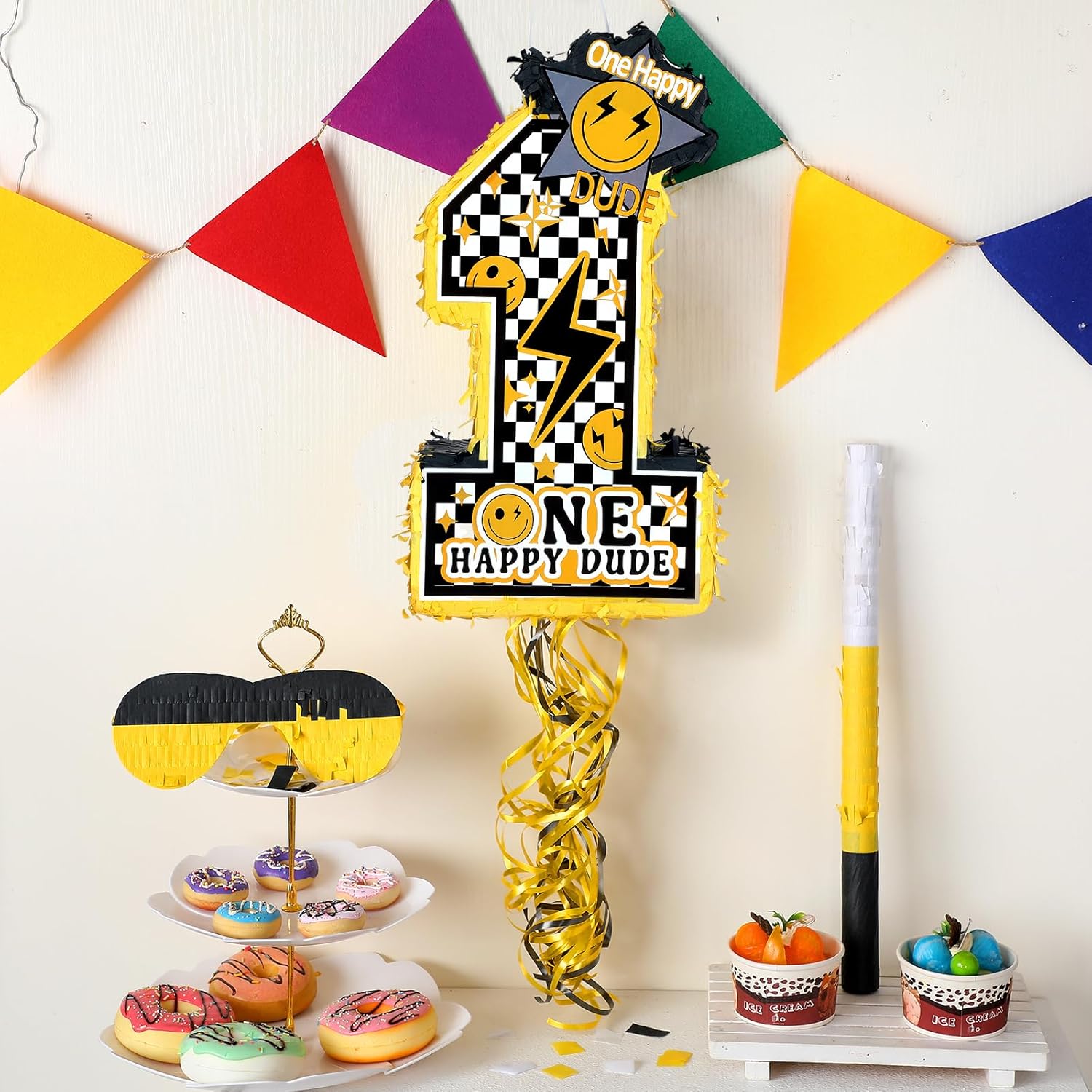 Ferraycle Piñata with Blindfold Bat for Birthday Party Softball Paper Piñata Sports Balls Confetti Supplies for Birthday Party Decorations 13.19 x 13.19 x 3 Inch(One Happy Dude)