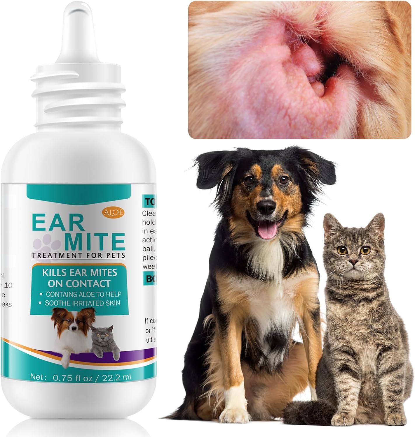 FANSHI Ear Treatment for Dogs & Cats, Cat Ear Care Cleaning with Aloe - Gentle Ear Cleaner Drop Soothing & Clean, Helps Remove Debris & Soothe Itchy Ears, 0.75 fl oz