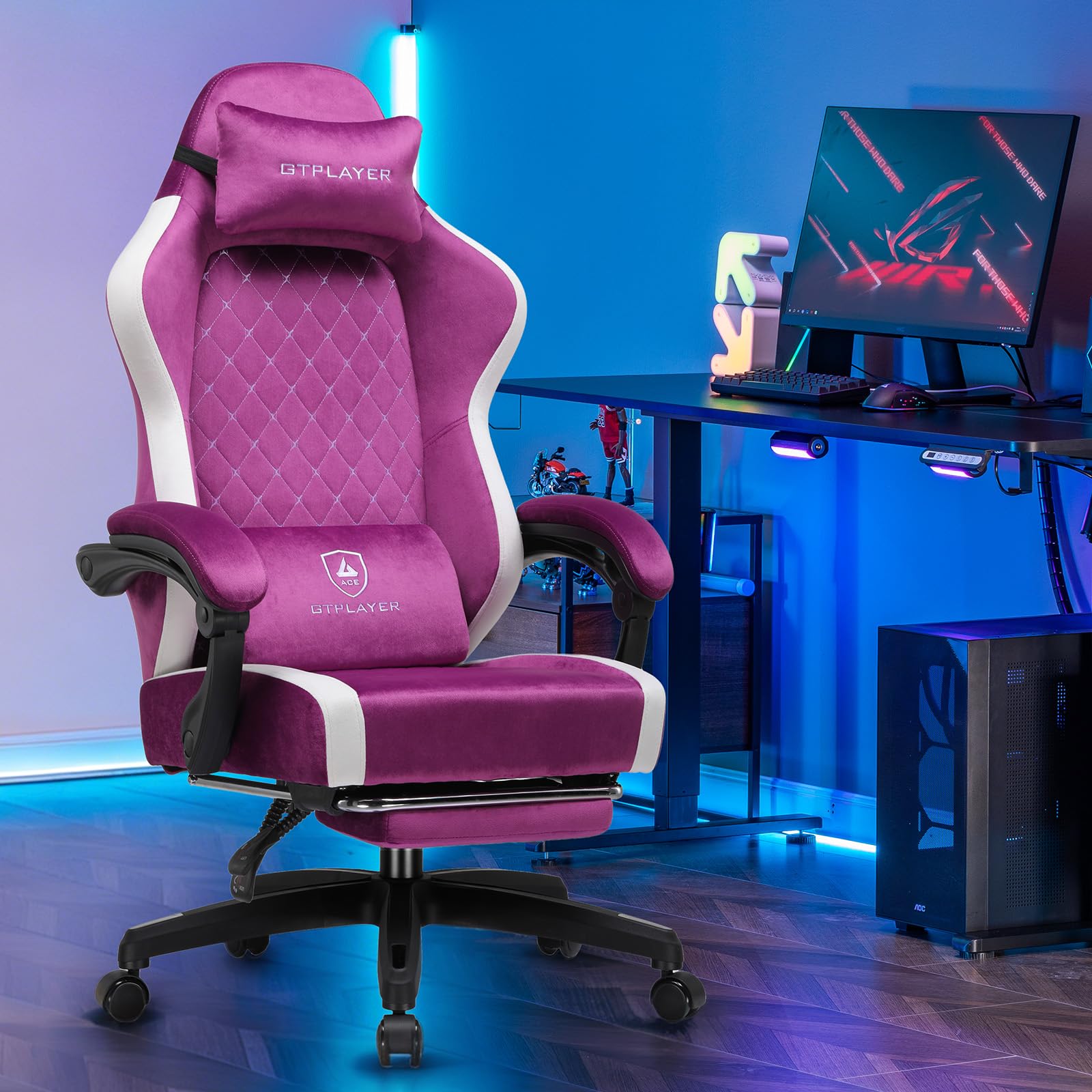 GTPLAYER Chaise Gaming Ergonomique, Chaise de Bureau en Tissu Respirant, Grande et Haute, pivotante, avec Repose-Pieds, Soutien Lombaire réglable et appuie-tête, Violet