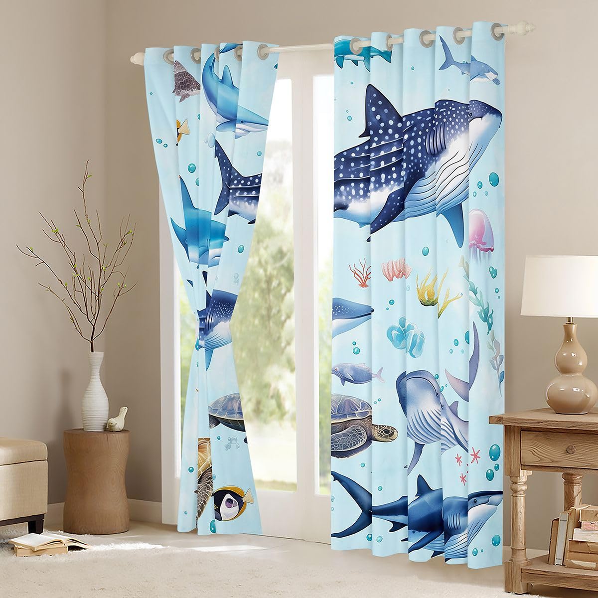 Homemissing Tende oscuranti oceano con squalo per camera da letto soggiorno decorazione vita marina oceano tonalità termoisolanti mare mondo sottomarino trattamenti per finestre, 2 pannelli larghezza
