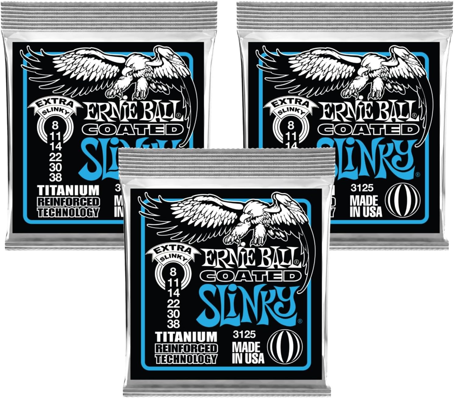 3 PACK Ernie Ball 3125 Coated Titanium Extra Slinky Electric Guitar Strings (8-38)