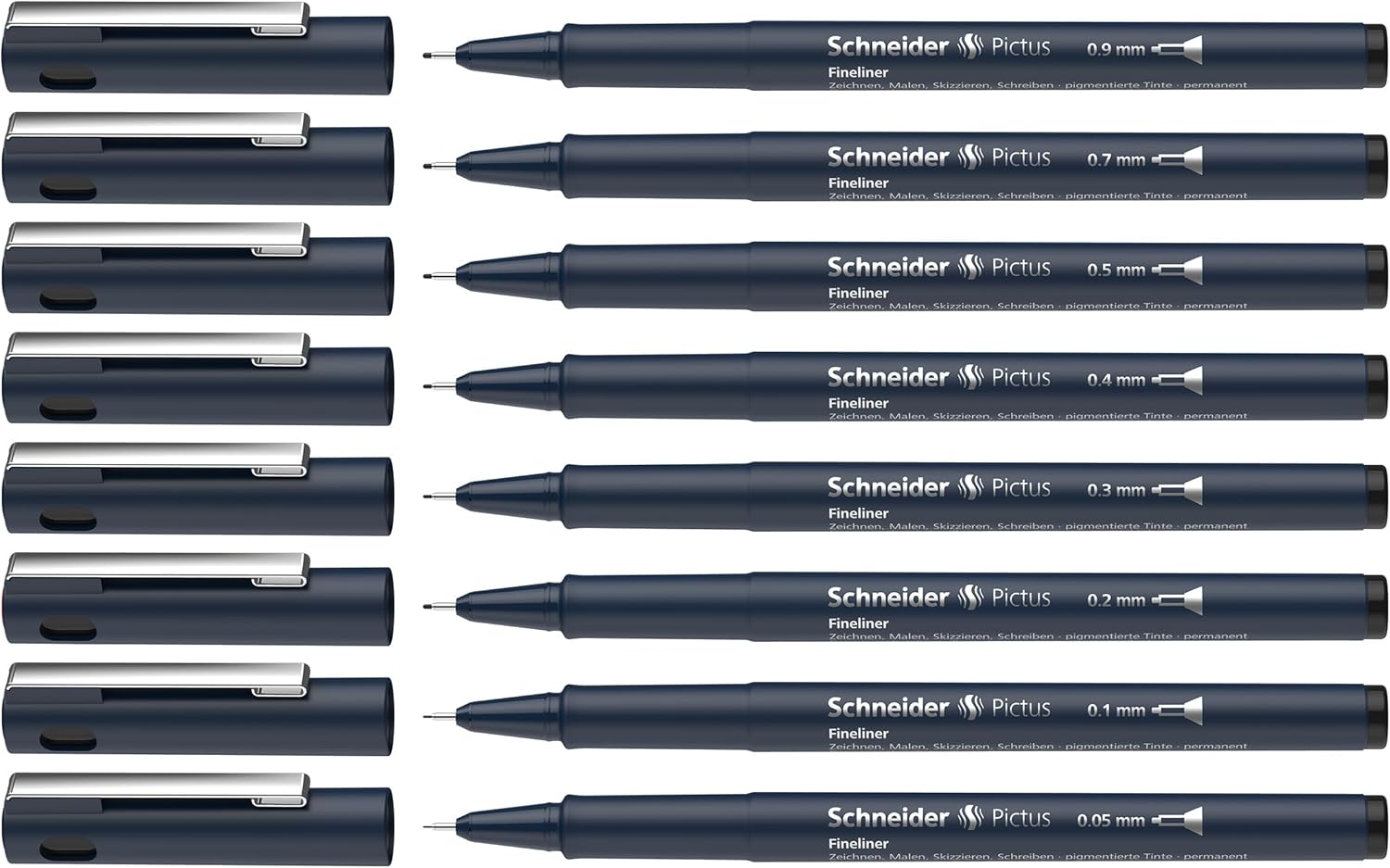 Schneider Pictus Fineliner Pens 8 Different Line Widths 0.05-0.9mm Black Wallet