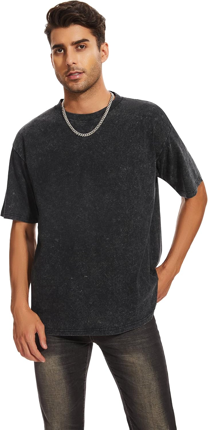 Men's Oversized Tshirts - Vintage Blotchy Faded Effect Cotton Tee Loose Fit Casual Gym Workout Shirts for Men - Image 3