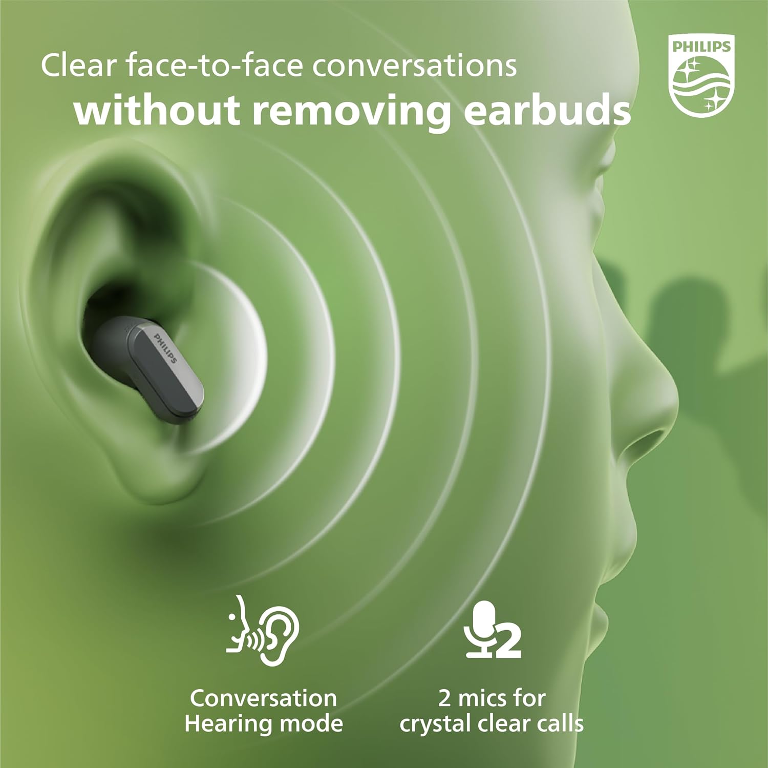 Philips T6908 earbud in ear demonstrating Conversation Hearing Mode