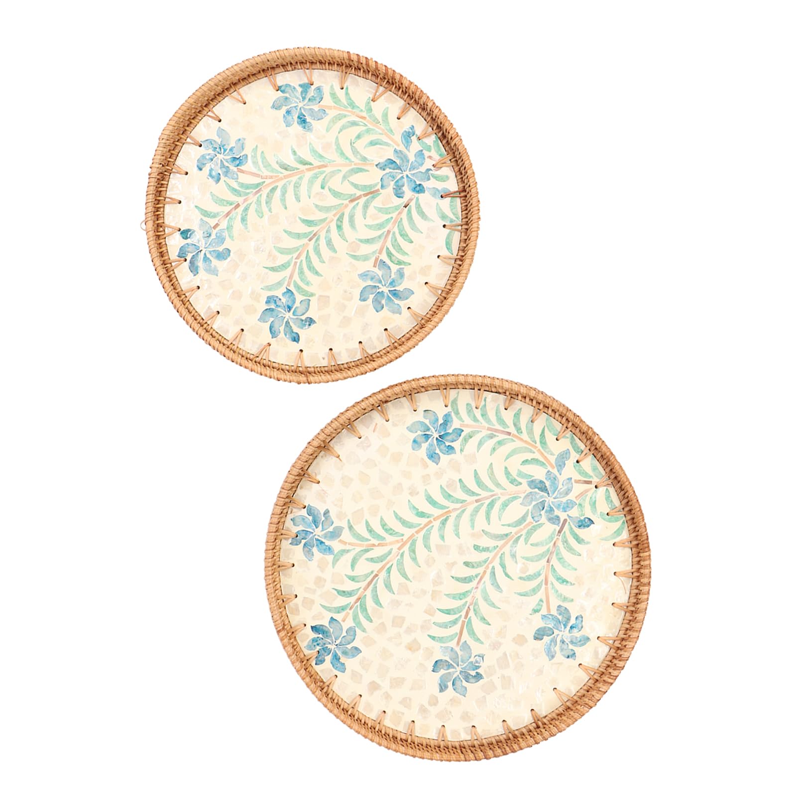 2 Piezas Bandeja Redonda para Aperitivos Tejida a Mano en Ratan, Estilo Artesanal Tradicional, Bandeja Decorativa Ecológica para Frutas y Snacks, Diámetro 30 cm y 35 cm (Patrón de cymbidium)