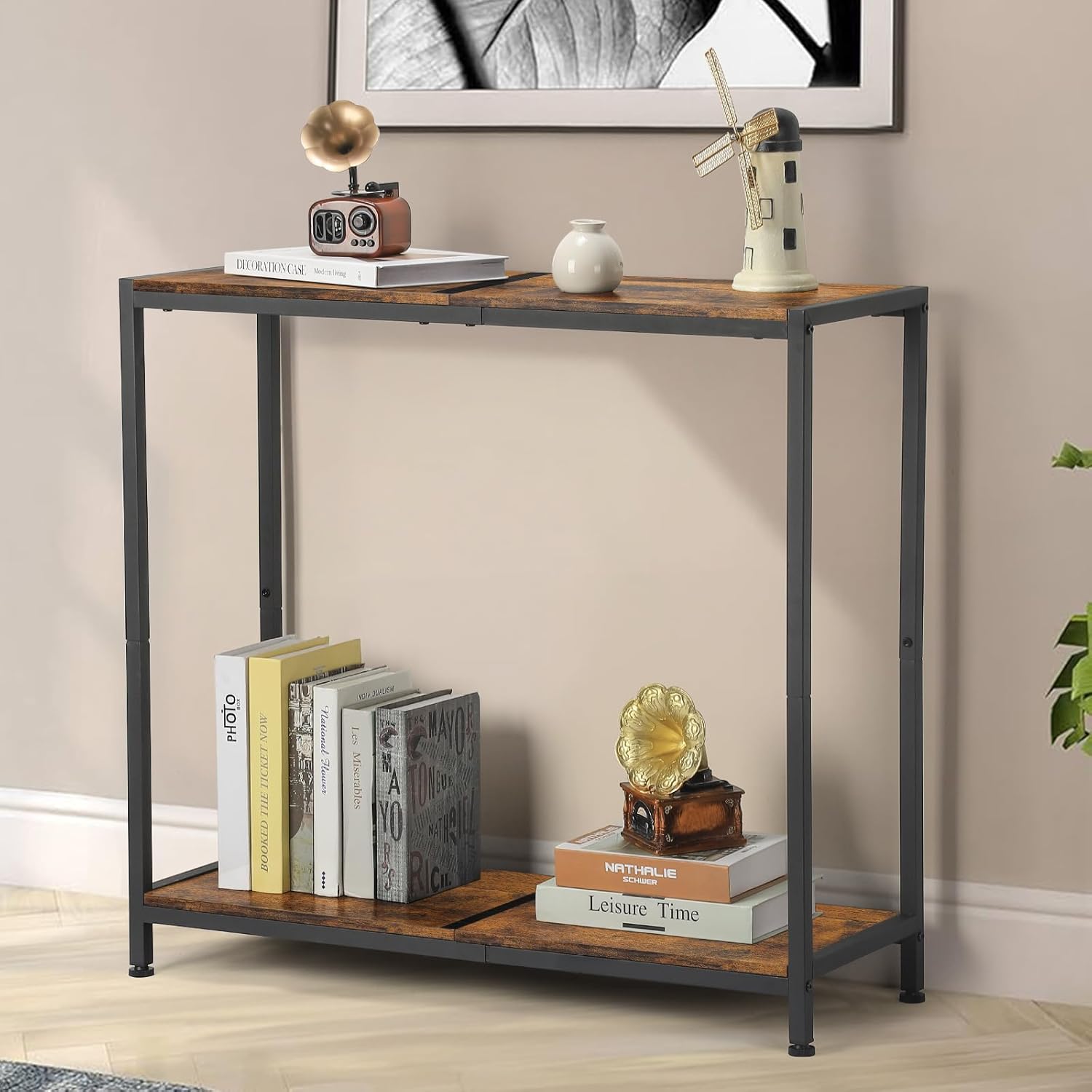 Tuenort Console Table, Industrial Sofa Table with Shelf, 2-Tier Entrance Table for Entryway, Living Room, Foyer, Hallway, Office, Rustic Brown