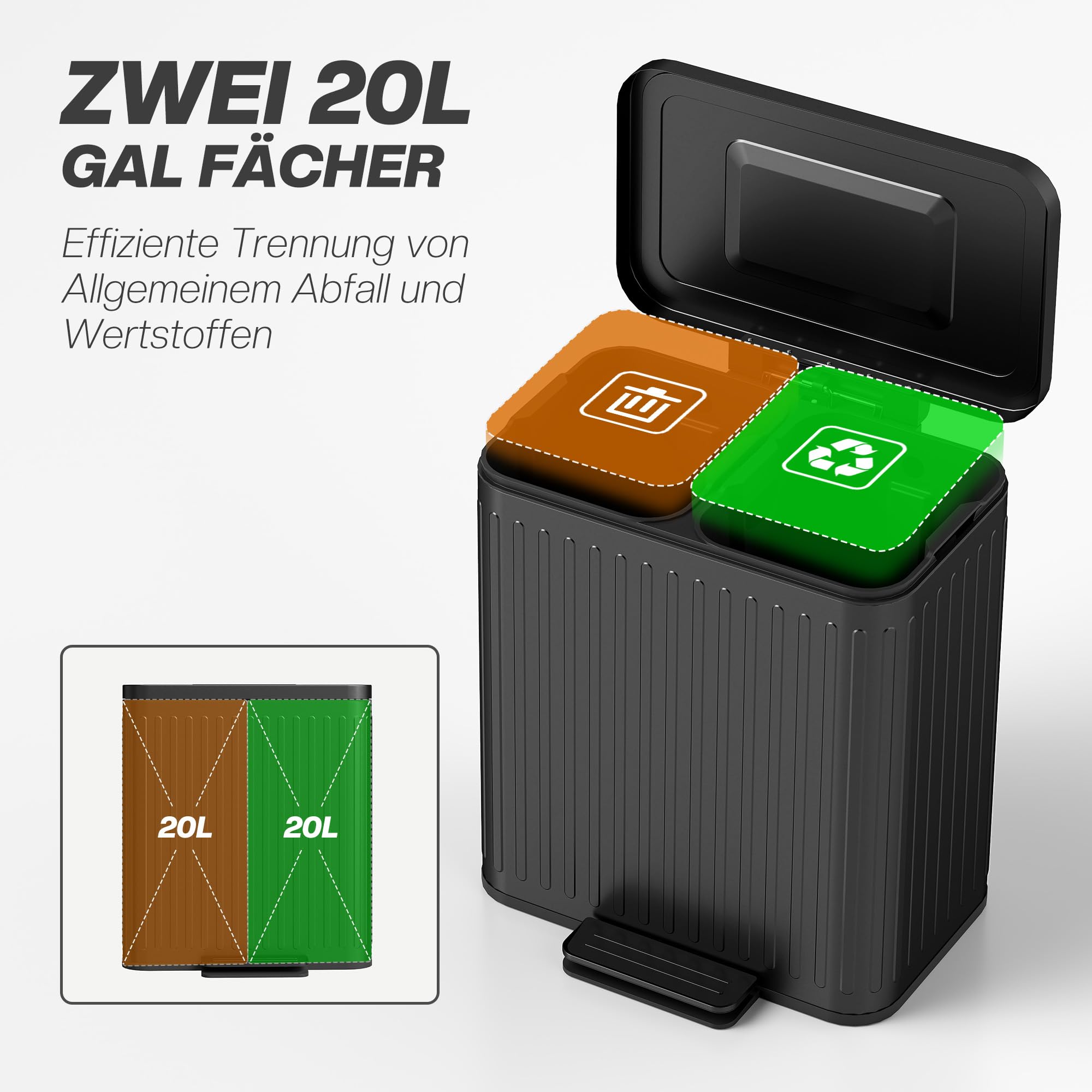 HOMCOM Mülleimer Küche Treteimer mit Müllbeutel 2 x 20 Liter Schwarz | Abfallsortiersystem, Soft-Close-Deckel, Offenhaltefunktion, Pedal, Herausnehmbarer Inneneimer