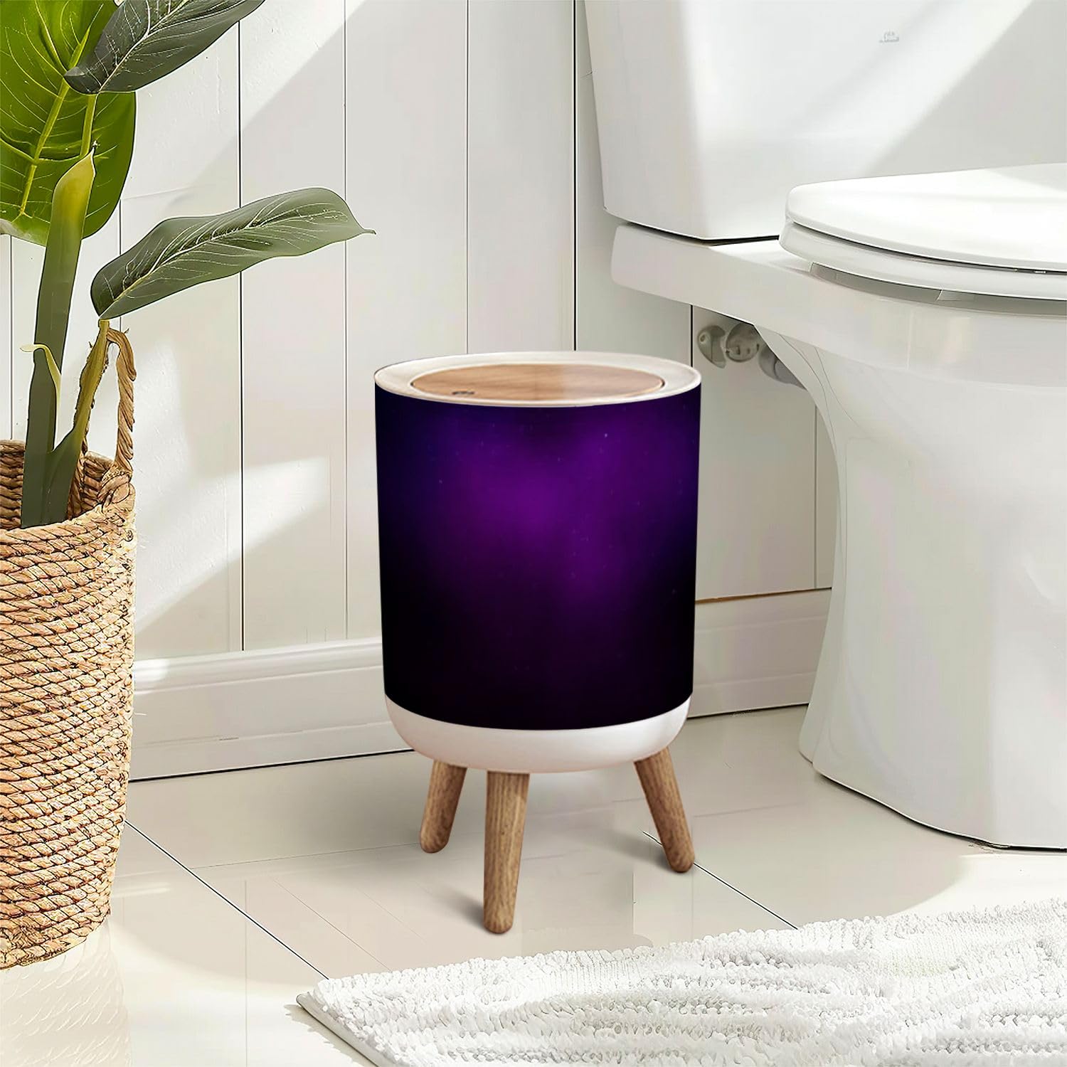 Trash Can with Lid Abstract Gradient Dark Purple Gradient Dark Purple Color Press Top Round Small Garbage Bin with Wooden Legs Waste Basket for Kitchen Bedroom Nursery 7L/1.8 Gallon