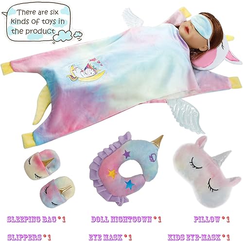 Miniatura 2 de Conjunto de saco de dormir y accesorios de ropa para niña de 18 pulgadas, disfraz de muñeca de unicornio con saco de dormir estilo unicornio,
