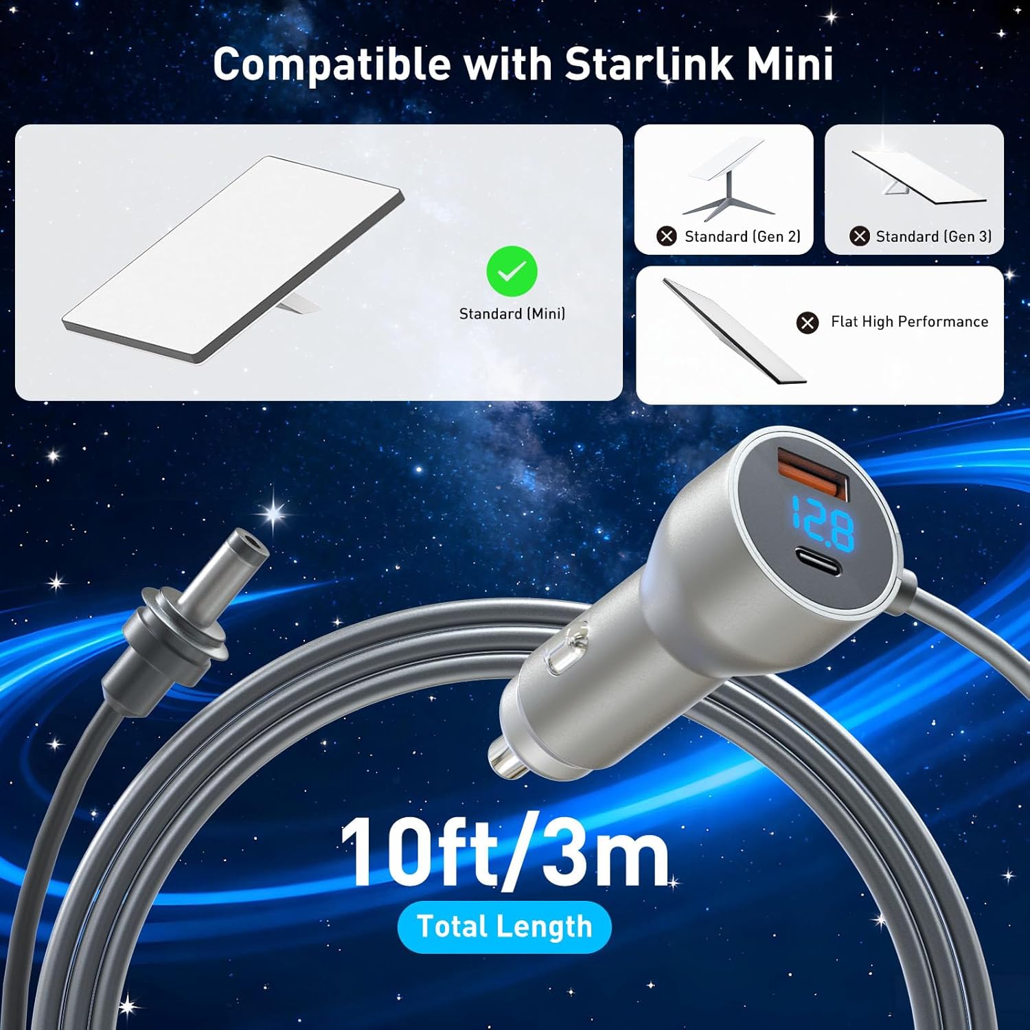 3 in 1 Starlink Mini Car Adapter 10Ft, 12V-24V Cigarette Lighter Adapter with USB C/USB A 30W Ports, Starlink Mini Accessory for Trucks, RVs, Boats, Cars