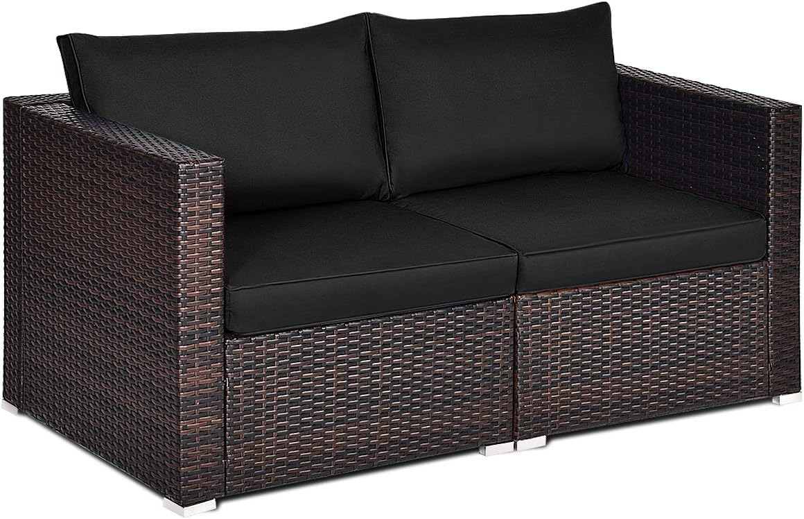Tangkula 2 Seat Outdoor Wicker Loveseat Sofa Set, Modular PE Rattan 2 Pieces Outdoor Wicker Corner Sofa, Outside Furniture Set for Deck, Backyard, Porch, Garden & Poolside, Black