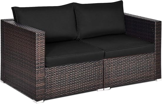 Tangkula 2 Seat Outdoor Wicker Loveseat Sofa Set, Modular PE Rattan 2 Pieces Outdoor Wicker Corner Sofa, Outside Furniture Set for Deck, Backyard, Porch, Garden & Poolside, Black