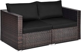 Tangkula Wicker Loveseat 2 Piece, Patio Furniture Couch with Removable Cushions, Rattan Loveseat Sofa for Balcony, Deck, Garden and Poolside