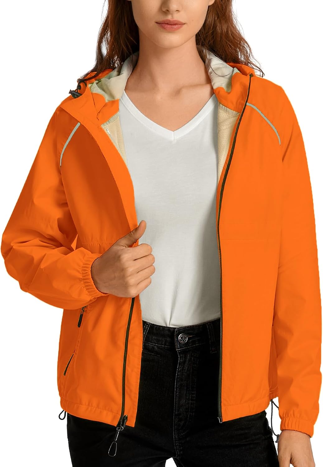 Women's Waterproof Hooded Rain Jacket - Lightweight Packable Windbreaker with Reflective Stripe for Running & Cycling