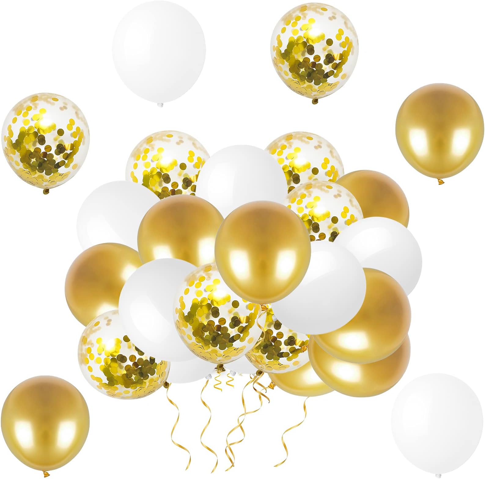 Confetti Balloons 12" Party Balloons Latex Balloons Birthday Balloons Baby Shower Balloons Wedding Balloons for More Parties 50 Pcs Pack-White, Gold, Golden Confettii Balloons with Ribbon