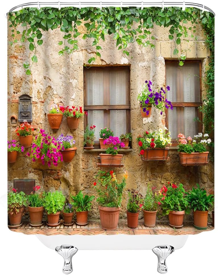 Italian Shower Curtain European Garden Street Floral Plant Nature Vintage Fabric Decorative Bathroom Curtains with Hooks,Orange White