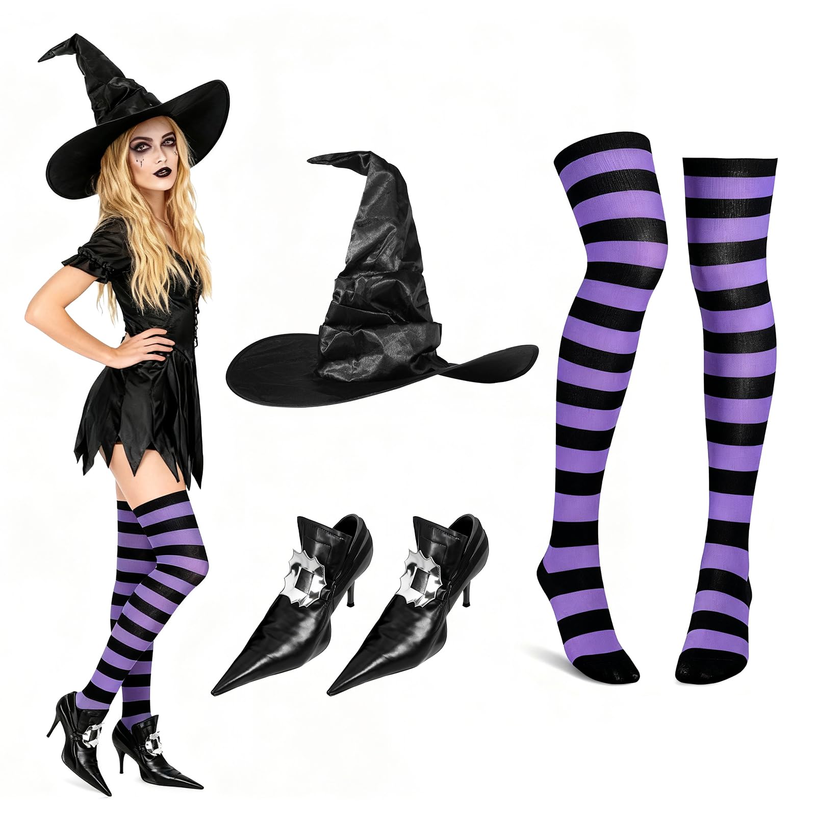 Beipegin Witches Costumes Women Witches Hat Shoe Covers High Sock Witch Broomstick Witch Fancy Dress Halloween Costumes Women