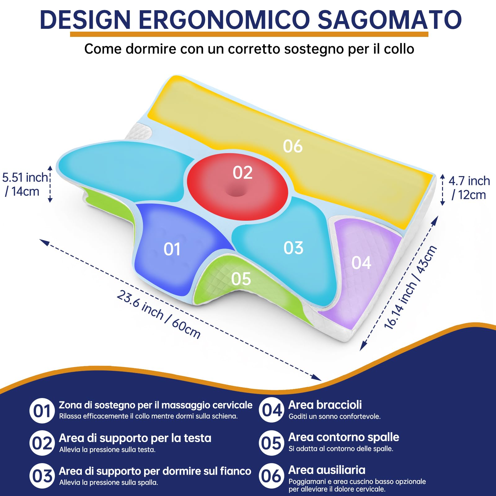 cuscino cervicale per dormire, 2 in 1 cuscino ortopedico cervicale, cuscino ergonomico cervicale, cuscini memory foam per Dormitori Laterali, Supini e Proni 60x43x14/12cm Grigio
