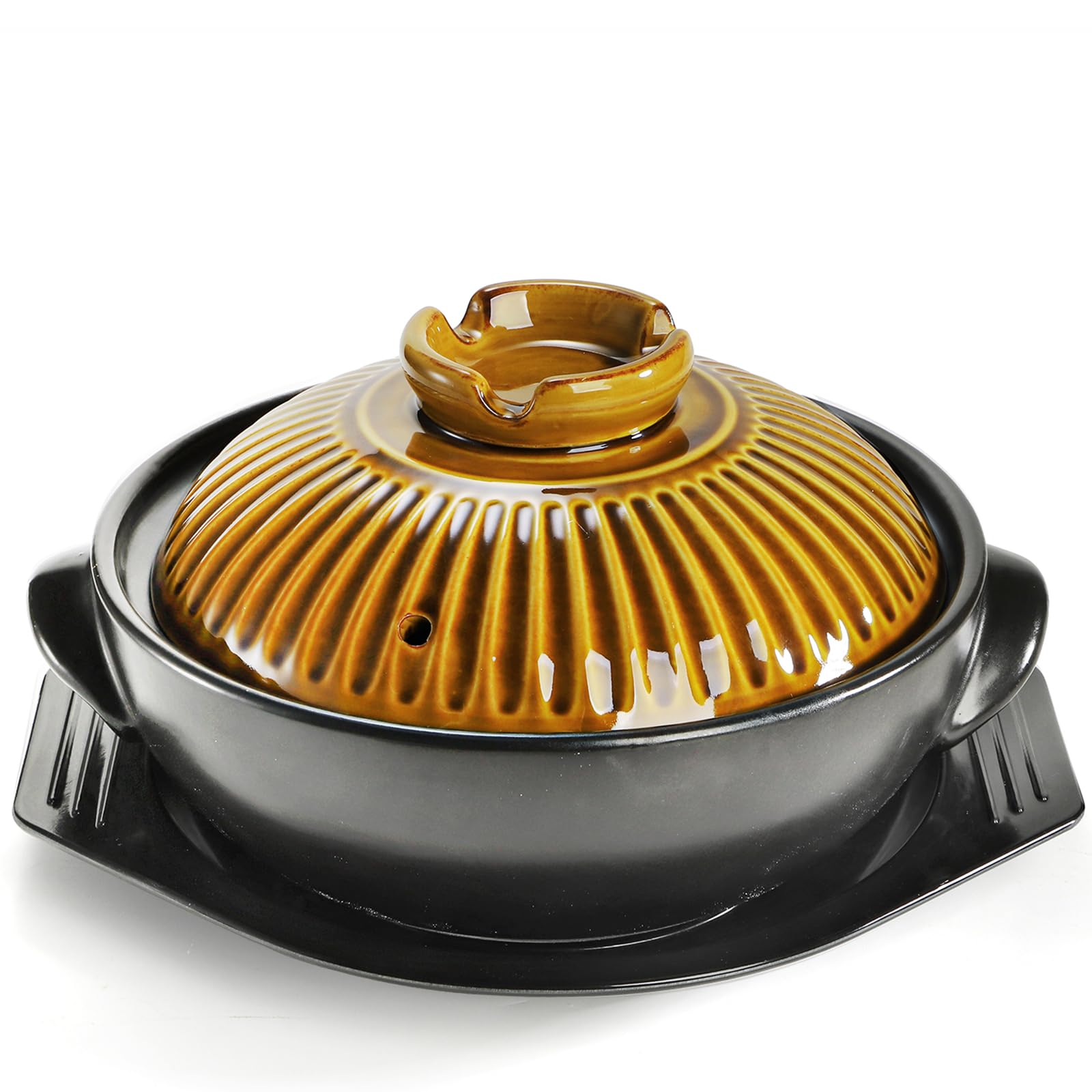 Okllen Large Korean Ceramic Bowl with Lid and Platter, 54 oz Clay Pot for Cooking, Sizzling Hot Pot for Dolsot Bibimbap, Soup, Casserole, Rice, Stew,