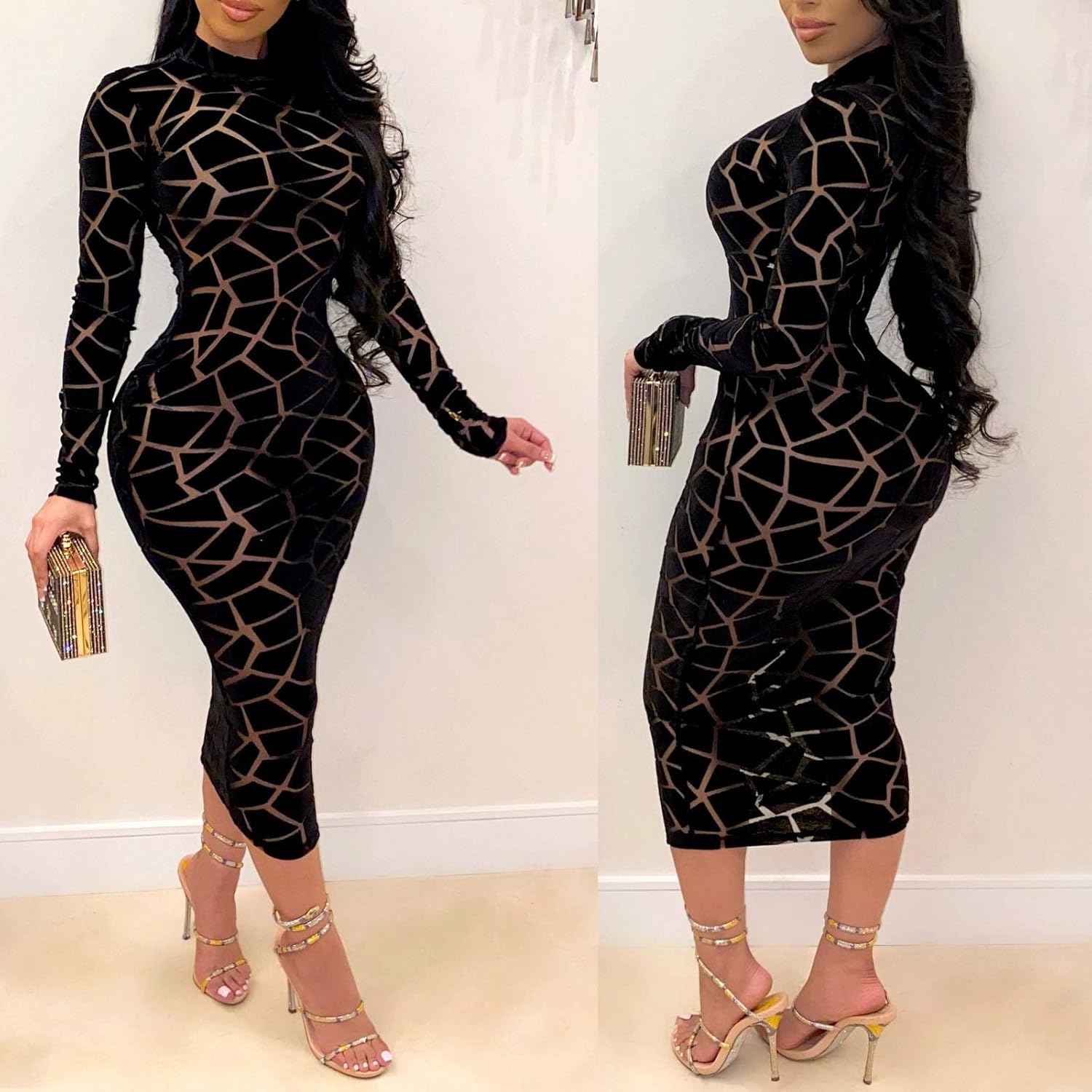 Uni Clau Women Sexy Sheer Mesh Boydcon Midi Dress See Through Printed Long Sleeve Midi Skinny Clubwear Party Dress - Image 3